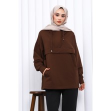 İmaj Butik Kahverengi Fermuarlı Cepli İki İplik Oversize Sweat