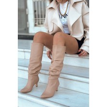 I Love Shoes Sollet Mat Deri Kısa Topuklu Körüklü Nude Çizme