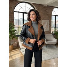 Cepli Kürklü Çapraz Fermuarlı Deri Mont