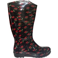 Emek Kadın Siyah -Kırmızı Laleli Bahçe Yağmur Çizmesi EMK2036-97