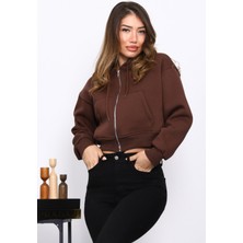 İmaj Butik Kahverengi Kısa Kanguru Cepli Fermuarlı Üç İplik Sweat Hırka