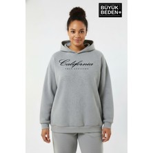 Superlife Kadın Büyük Beden Kapşonlu El Yazılı California Baskılı Ince Swatshırt SPR25BSWK959