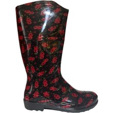 Emek Kadın Kırmızı Siyah Çiçekli  35 cm Uzun Bahçe Yağmur Çizmesi EMKK309-210