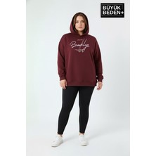 Superlife Kadın Büyük Beden Kapüşonlu El Yazılı Brooklyn Baskılı Rahat Kalıp Sweatshirt SPR26BSWK958