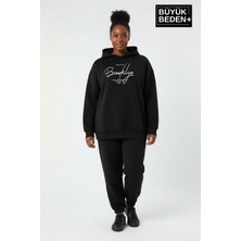 Superlife Kadın Büyük Beden Kapüşonlu El Yazılı Brooklyn Baskılı Rahat Kalıp Sweatshirt SPR26BSWK958