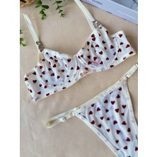 Bradien Kırmızı Kalp Desenli Yarım Destekli Sütyen & Ince Kesim Külot Takımı