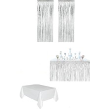 Gümüş Renk Metalize Perde Metalize Masa Eteği Plastik Masa Örtüsü