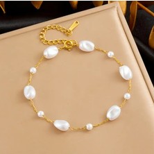 es dekor altın zarif altın tonlu paslanmaz çelik bilezik beyaz  ınci boncuklarla