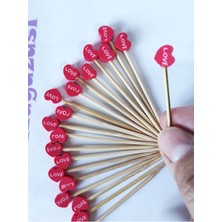 100 Adet Kırmızı Love Kalp Fimo Boncuklu Parti Kürdanı 6,5 cm Sevgililer Günü Kalpli Kürdan