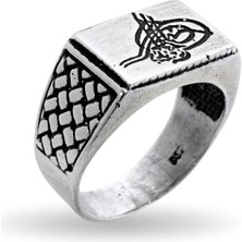 Oya Silver Örgü Desenli Dikdörtgen Tuğra Gümüş Retro Erkek Yüzük