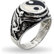 Oya Silver Yuvarlak Mineli Ying-Yang Gümüş Erkek Retro Yüzük