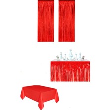 Kırmızı Renk Metalize Masa Eteği ve Plastik Masa Örtüsü 3 Parça Modern Parti Malzemeleri
