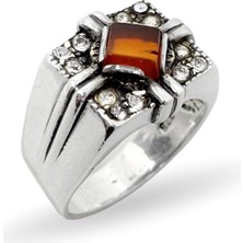 Oya Silver Kare Zirkon Taş Çevrili Kehribar Gümüş Erkek Yüzük