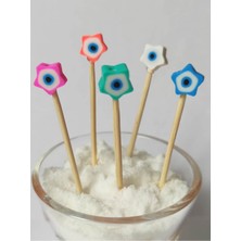 100 Adet Dekoratif Renkli Fimo Çiçek Nazar Boncuklu Pasta Kürdanı 6,5cm-Nazarboncuklu Kürdan