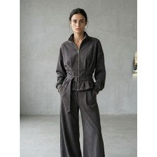 Kadın Modal Kumaş Fermuarlı Takım Kahverengi