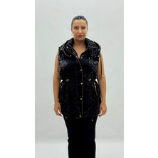 AlanyaXXL Büyük Beden Kapüşonlu Parlak Kapitone Belden Bağcıklı Kadın Uzun Yelek