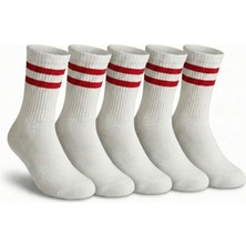 Lykos Kadın Beyaz - Kırmızı Çift Çizgili Soket Çorap 5’li Paket