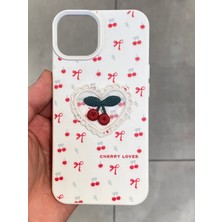 Iphone 13 ve 14 Uyumlu Nakış Işlemeli Kiraz Desenli Kılıf Kiraz Figürlü Örgü Telefon Kılıfı