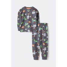 Krazber Erkek Çocuk Blok Canavarları Desenli Uzun Kollu Pijama Takımı – Gri (3–12 Yaş)
