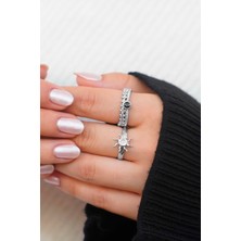Trend Collection Kadın Gümüş Renk Vintage Örgü Yüzük ve Güneş Motifli Taşlı Yüzük Seti - Ayarlanabilir