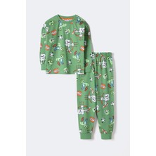 Krazber Erkek Çocuk Blok Canavarları Desenli Uzun Kollu Pijama Takımı – Yeşil (3–12 Yaş)