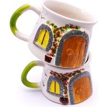 Sharp & Art El Işlemesi, Kabartma Desen Kır Evi ve Mantarlar Figürlü Seramik Kupa Bardaklar