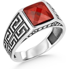 Mem Güney Silver Faset Kesim Kırmızı Zirkon Taşlı 925 Ayar Gümüş Erkek Yüzük
