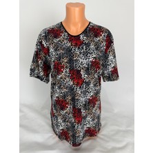 Yaşar Triko Kadın Çok Renkli U Yaka Kısa Kollu Desenli Yırtmaçlı Dokuma Viskon Anne Penye Tişört