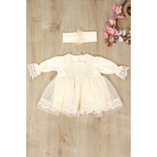 Sitilin Kız Bebek Elbisesi Bej Gelinlik Fransız Dantelli Mevlit Takımı Bebek Mevlütlük Hediye Seti