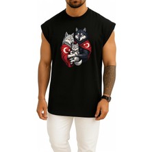 Bahriyeli Collection Oversize Anne - Baba ve Çocuk Turan Kurt ve Türk Bayrağı Göğüs Baskılı Atlet