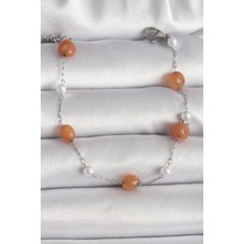 Skygo 316L Çelik Gümüş Renk Turuncu Doğaltaş Model İnci Detay Kadın Bileklik - TJ-BB6602