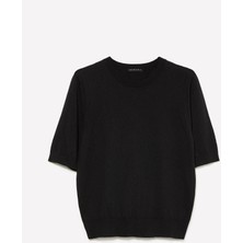 Sisley   Pamuk ve Yün Karışımlı Ribana Yaka Kısa Kollu Kazak