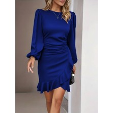 Aisha Elbise Kadın Uzun Kollu Bisiklet Yaka Önden Volanlı Ithal Krep Elbise