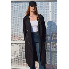 Nidam Butik 5853 Kruvaze Yaka Trençkot - Siyah