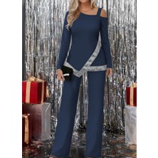 Arben Boutique Kadın Tek Omuzdan Açık Uzun Kollu Önü Pulpayet Ithal Krep Bluz ve Pantolon