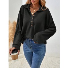 Mç Plus Kadın Uzun Kollu Yakalı Düğmeli Salaş Waffle Bluz