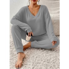 Mç Plus Kadın Uzun Kollu V Yakalı Kaşkorse Bluz ve Pantolon Ikili Takım