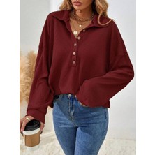 Gökyüzü Moda Kadın Uzun Kollu Yakalı Düğmeli Salaş Waffle Bluz