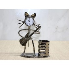 Üreticiniz Metal Gitar Çalan Kedi Müzisyen Saat ve Kalemlik ALK4345