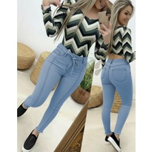 Arben Boutique Kadın Yüksek Bel Belden Kuşaklı Yırtık Detaylı Kot Pantolon