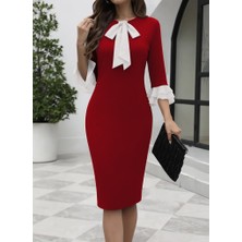 Aisha Elbise Kadın Truvakar Kollu Fiyonk Yakalı Midi Ithal Krep Elbise