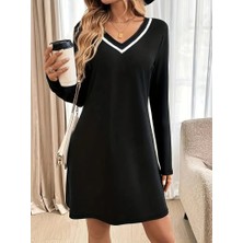 Aisha Elbise Kadın Uzun Kollu V Şerit Yakalı Kısa Viskon Iki Iplik Elbise