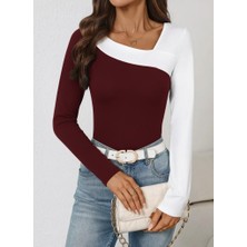 Gökyüzü Moda Kadın Uzun Kollu Geometrik Yaka Detaylı Çift Renkli Viskon Bluz