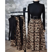 Gökyüzü Moda Kadın Beli Lastikli Leopar Desenli Krep Kumaş Efsane Etek Kemersiz