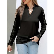 Arben Boutique Kadın Uzun Kollu Hakim Yaka Kolları Dantel Detaylı Ithal Krep Bluz