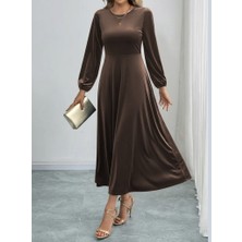 Mç Plus Kadın Uzun Kollu Bisiklet Yaka Midi Kadife Elbise