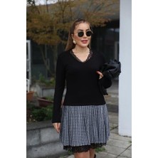 Nidam Butik Kadın Uzun Kollu Denteli Yaka Ekose Etek Detay Diz Üstü Elbise