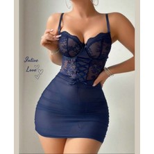 Intive Lingerie Intive Lacivert Göğüs Bölümü Dantelli Bağlamalı Altı Tül Esnek Mini Ince Askılı Gecelik