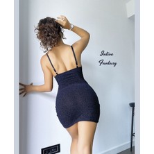 Intive Lingerie Intive Göbek Dekolteli Drapeli Siyah Simli Slim-Fit Ince Askılı Gecelik