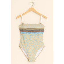 Rapapa Kadın Etnik Desenli Bej–mavi Tek Parça Mayo – Modern ve Doğal Şıklık 0015-2